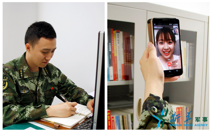 &uarr;陳德正，武警北京總隊七支隊某中隊指導員。七夕前夜堅守在值班崗位上的他，在結束值班后給妻子打了個視頻電話，通過網絡表達著對妻子的愛意。閆星辰 攝