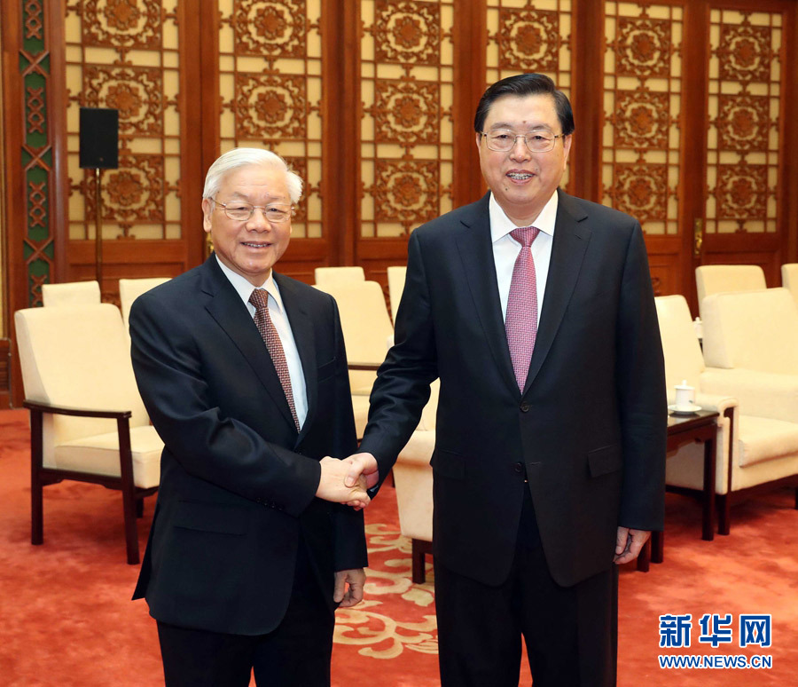 1月13日，中共中央政治局常委、全國人大常委會(huì)委員長張德江在北京人民大會(huì)堂會(huì)見越共中央總書記阮富仲。 新華社記者 劉衛(wèi)兵 攝