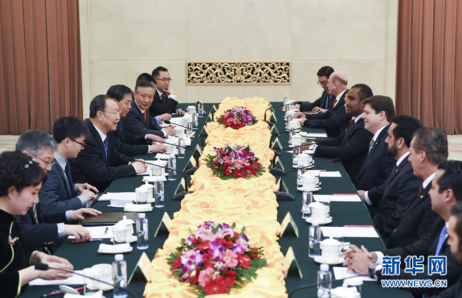 3月22日，中共中央書記處書記、全國政協副主席杜青林在北京會見巴西民主運動黨眾議院黨團領袖羅西率領的該黨干部考察團。 新華社記者張領攝