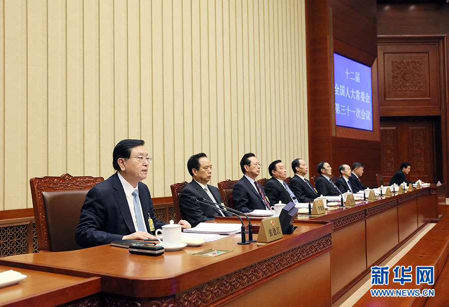 12月27日，全國人大常委會委員長張德江主持十二屆全國人大常委會第三十一次會議閉幕會。在會議完成各項表決事項后，張德江發表講話。新華社記者 劉衛兵 攝